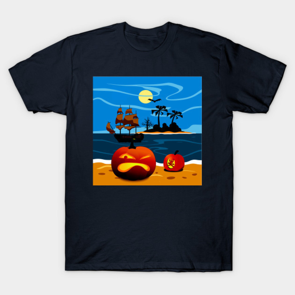 Pirate Pumpkin Halloween Moon And Bat Over Island Tshirt